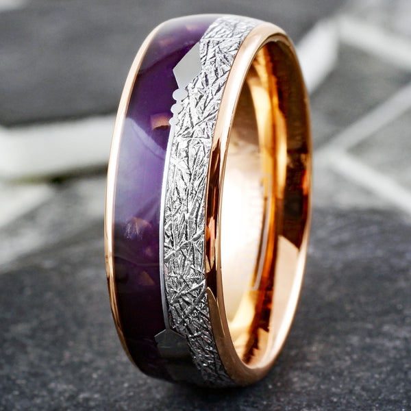 Brilliant Rose Gold Tungsten Low Dome Ring w/ Speckled Purple Lapis Lazuli, Faux Meteorite, and Silver Feathered Arrow Inlays. Couple Ring
