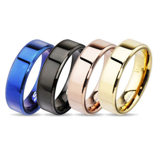 Flat Beveled Edge 6mm or 8mm Stainless Steel Band Ring in 4 Colors. Couple Ring