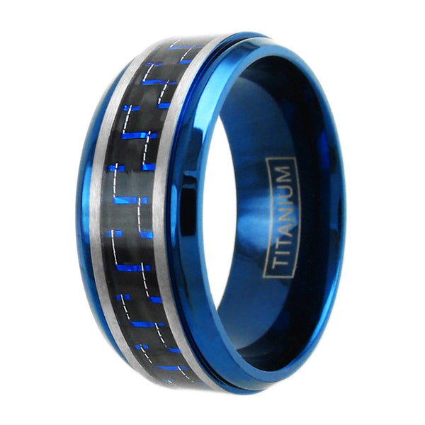 Blue Titanium Ring w Blue Black Carbon Fiber Inlay. Wholesale