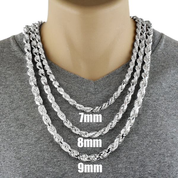Sterling Silver Diamond Cut Rope Chain Necklace in 8mm Width. Available in 6 Chain Lengths.