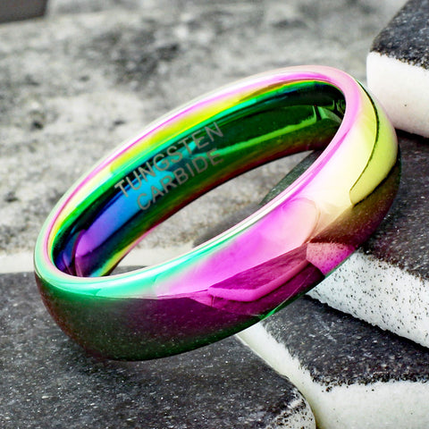 Awesome 6mm Rainbow Plated Low Dome Tungsten Band Ring. For men and women.