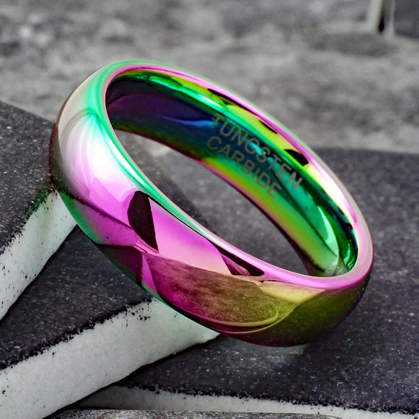 Awesome 6mm Rainbow Plated Low Dome Tungsten Band Ring. For men and women.