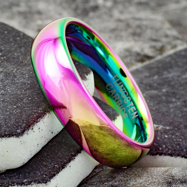 Awesome 6mm Rainbow Plated Low Dome Tungsten Band Ring. For men and women.