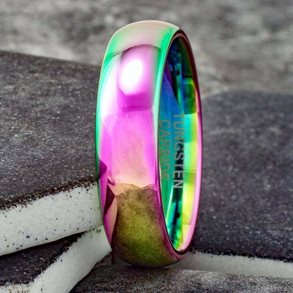 Awesome 6mm Rainbow Plated Low Dome Tungsten Band Ring. For men and women.