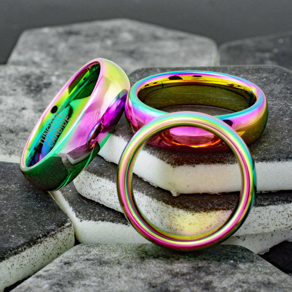 Awesome 6mm Rainbow Plated Low Dome Tungsten Band Ring. For men and women.