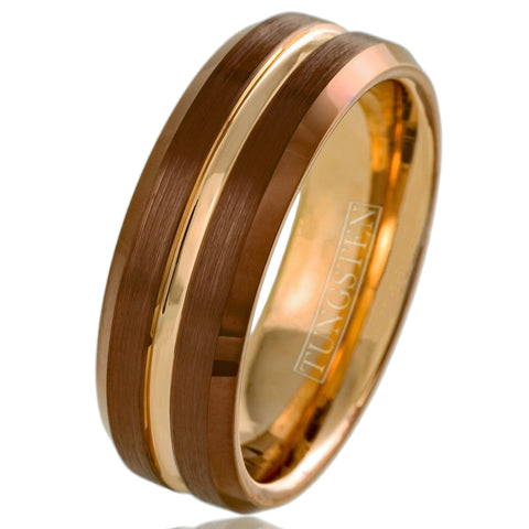 Gorgeous Unique Bronze Tungsten Ring with Rose Gold Stripe, Matching Rose Gold Inner Band, and Beveled Edges.