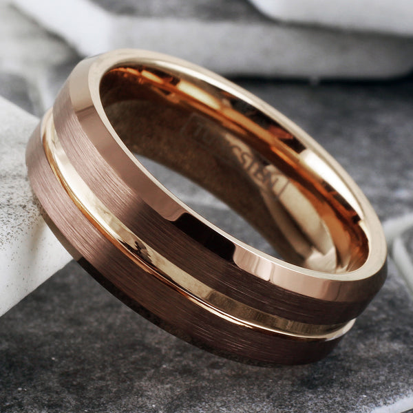 Gorgeous Unique Bronze Tungsten Ring with Rose Gold Stripe, Matching Rose Gold Inner Band, and Beveled Edges.