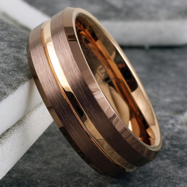 Gorgeous Unique Bronze Tungsten Ring with Rose Gold Stripe, Matching Rose Gold Inner Band, and Beveled Edges.