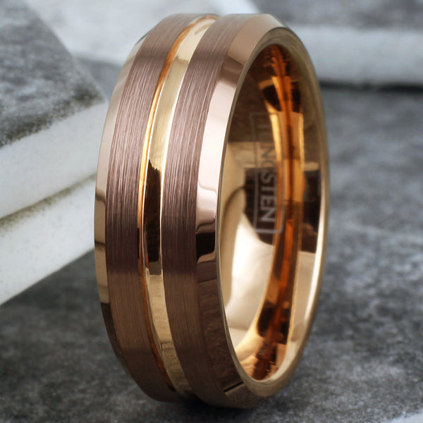 Gorgeous Unique Bronze Tungsten Ring with Rose Gold Stripe, Matching Rose Gold Inner Band, and Beveled Edges.