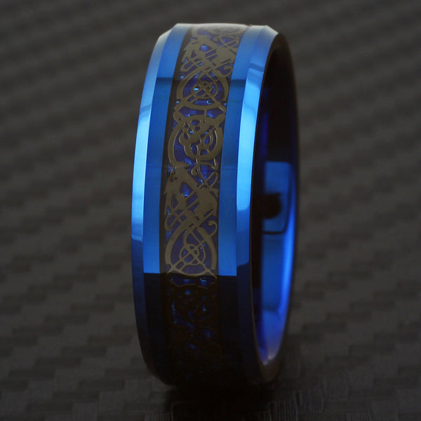 Stunning Blue Tungsten Ring with Black Celtic Dragon on Deep Cobalt Blue Faux Carbon Fiber Inlay.
