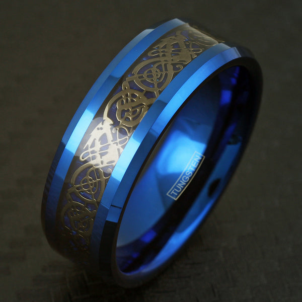 Stunning Blue Tungsten Ring with Black Celtic Dragon on Deep Cobalt Blue Faux Carbon Fiber Inlay.