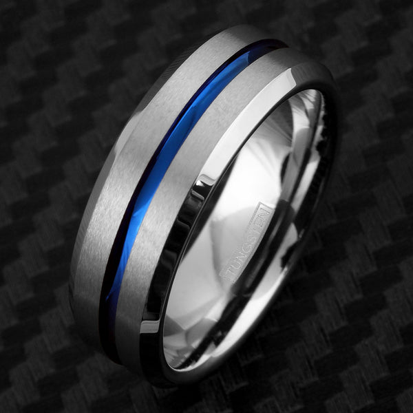 Dazzling Two-Tone Tungsten Ring with Brushed Finish Outer Band, a Dazzling Blue Recessed Stripe, and Beveled Edges.