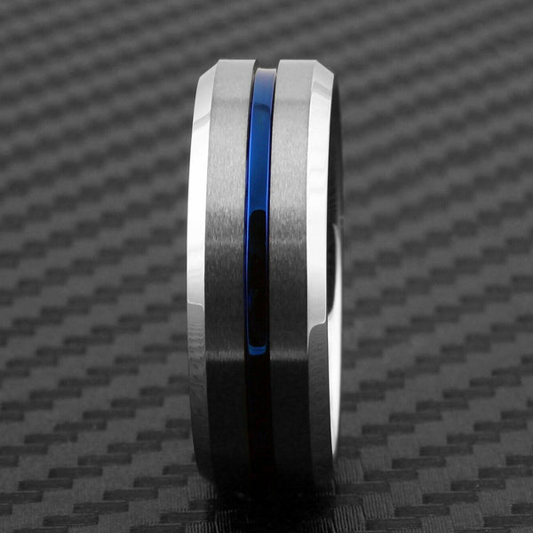 Dazzling Two-Tone Tungsten Ring with Brushed Finish Outer Band, a Dazzling Blue Recessed Stripe, and Beveled Edges.