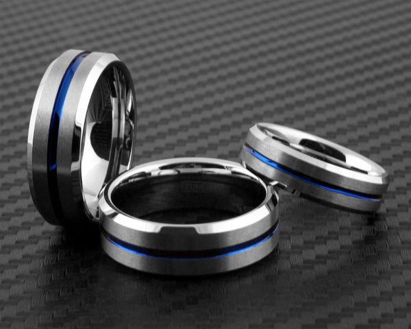 Dazzling Two-Tone Tungsten Ring with Brushed Finish Outer Band, a Dazzling Blue Recessed Stripe, and Beveled Edges.
