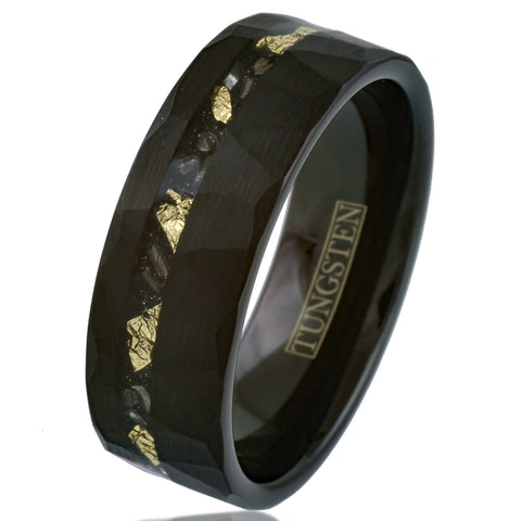 Awesome Multi-Faceted Brushed Black Tungsten Flat Band Ring with Off-Center Asymmetrical Gold Leaf and Black Faux Meteorite Inlay. Couple Ring