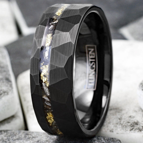 Awesome Multi-Faceted Brushed Black Tungsten Flat Band Ring with Off-Center Asymmetrical Gold Leaf and Black Faux Meteorite Inlay. Couple Ring