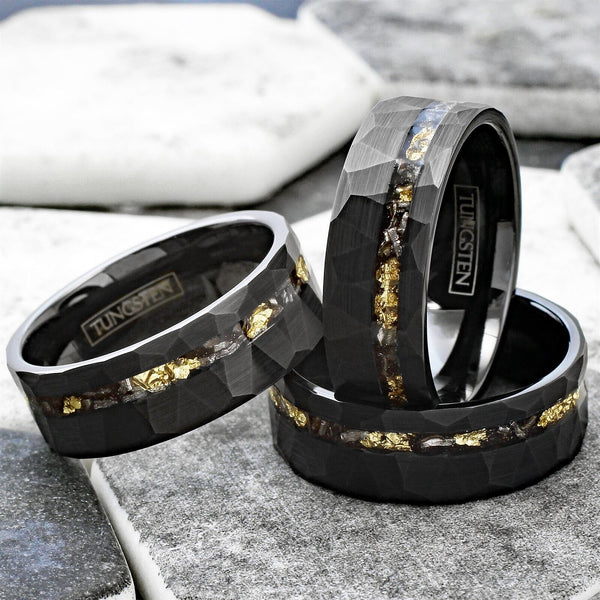 Awesome Multi-Faceted Brushed Black Tungsten Flat Band Ring with Off-Center Asymmetrical Gold Leaf and Black Faux Meteorite Inlay. Couple Ring