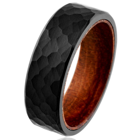 Beautiful Brushed Finish Hammered Flat Band Black Tungsten Ring with Rosewood Inner Band.