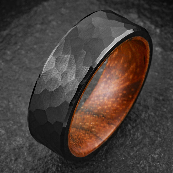 Beautiful Brushed Finish Hammered Flat Band Black Tungsten Ring with Rosewood Inner Band.