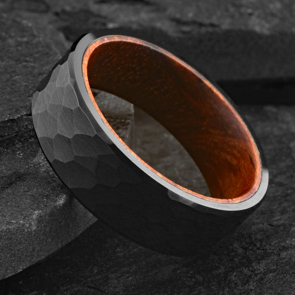 Beautiful Brushed Finish Hammered Flat Band Black Tungsten Ring with Rosewood Inner Band.