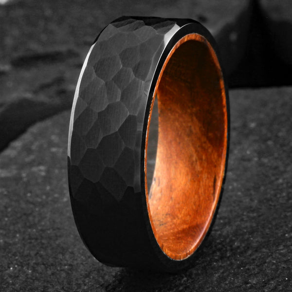 Beautiful Brushed Finish Hammered Flat Band Black Tungsten Ring with Rosewood Inner Band.