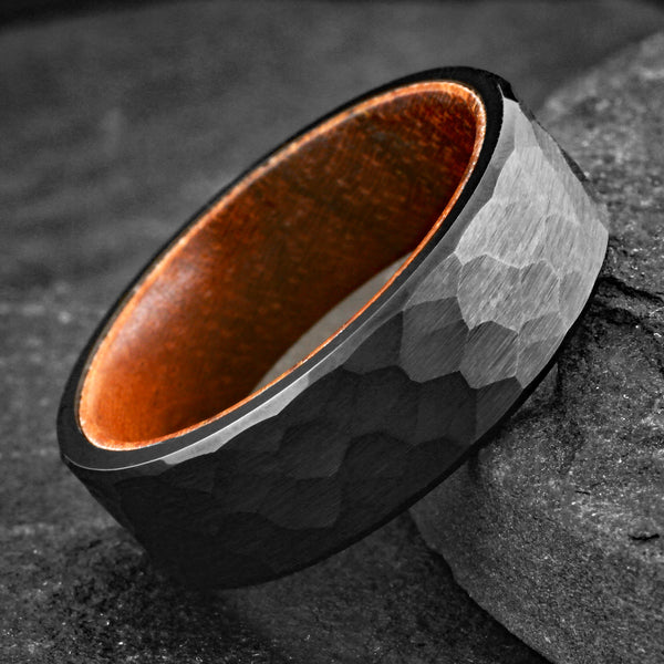 Beautiful Brushed Finish Hammered Flat Band Black Tungsten Ring with Rosewood Inner Band.