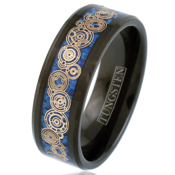 Awesome Black Flat Band Tungsten Ring w/ Beveled Edges and Rose Gold Circle Language on Dazzling Royal Blue Faux Carbon Fiber Inlay.
