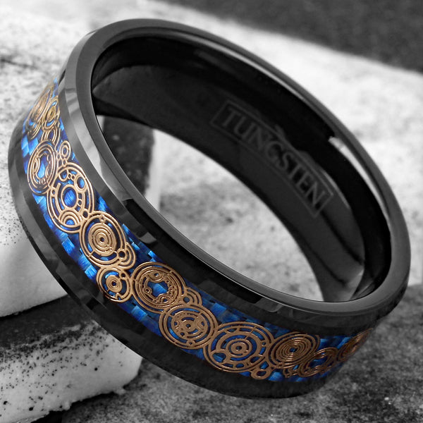 Awesome Black Flat Band Tungsten Ring w/ Beveled Edges and Rose Gold Circle Language on Dazzling Royal Blue Faux Carbon Fiber Inlay.
