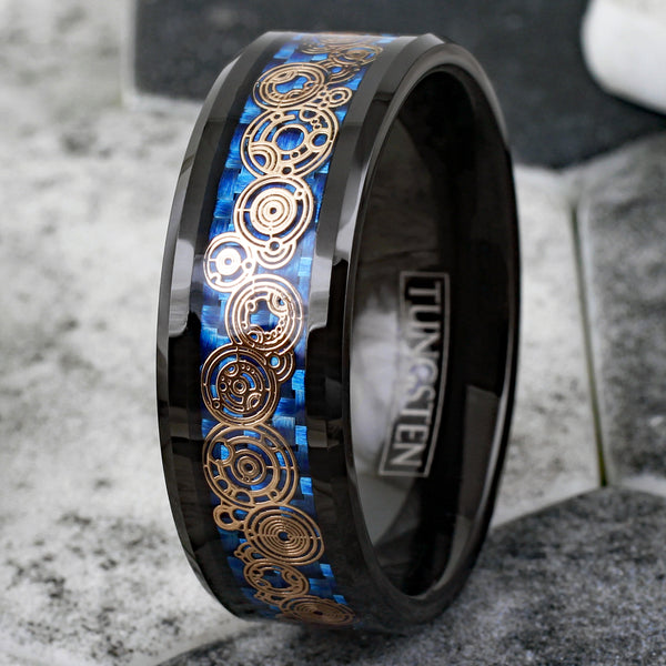 Awesome Black Flat Band Tungsten Ring w/ Beveled Edges and Rose Gold Circle Language on Dazzling Royal Blue Faux Carbon Fiber Inlay.