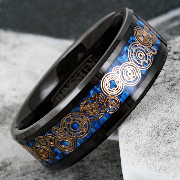 Awesome Black Flat Band Tungsten Ring w/ Beveled Edges and Rose Gold Circle Language on Dazzling Royal Blue Faux Carbon Fiber Inlay.