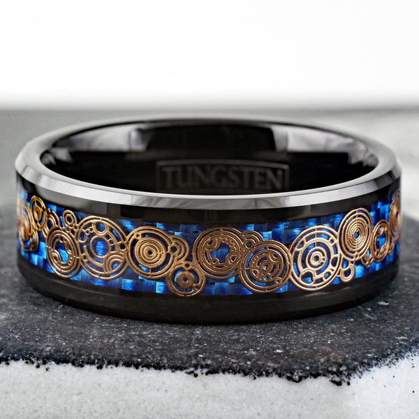 Awesome Black Flat Band Tungsten Ring w/ Beveled Edges and Rose Gold Circle Language on Dazzling Royal Blue Faux Carbon Fiber Inlay.