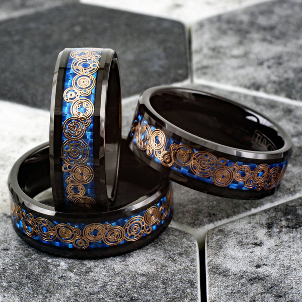 Awesome Black Flat Band Tungsten Ring w/ Beveled Edges and Rose Gold Circle Language on Dazzling Royal Blue Faux Carbon Fiber Inlay.