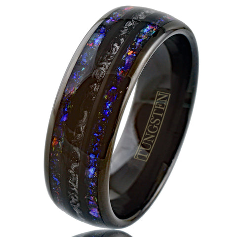 Spectacular Polished Black Low Dome Tungsten Ring with Faux Black Meteorite Inlay Between Stunning Blue Sandstone Inlays.