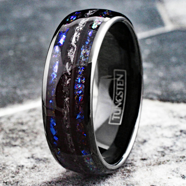 Spectacular Polished Black Low Dome Tungsten Ring with Faux Black Meteorite Inlay Between Stunning Blue Sandstone Inlays.