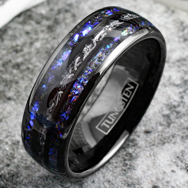 Spectacular Polished Black Low Dome Tungsten Ring with Faux Black Meteorite Inlay Between Stunning Blue Sandstone Inlays.