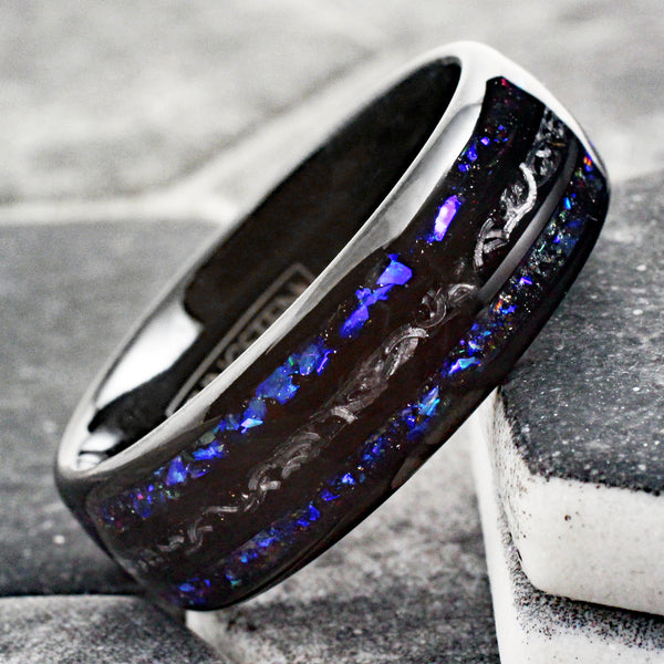 Spectacular Polished Black Low Dome Tungsten Ring with Faux Black Meteorite Inlay Between Stunning Blue Sandstone Inlays.