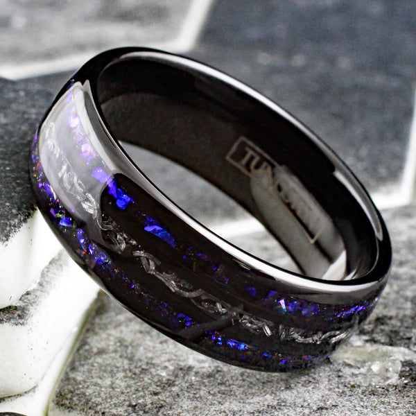 Spectacular Polished Black Low Dome Tungsten Ring with Faux Black Meteorite Inlay Between Stunning Blue Sandstone Inlays.