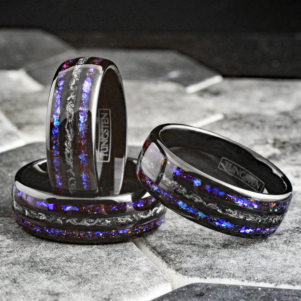 Spectacular Polished Black Low Dome Tungsten Ring with Faux Black Meteorite Inlay Between Stunning Blue Sandstone Inlays.