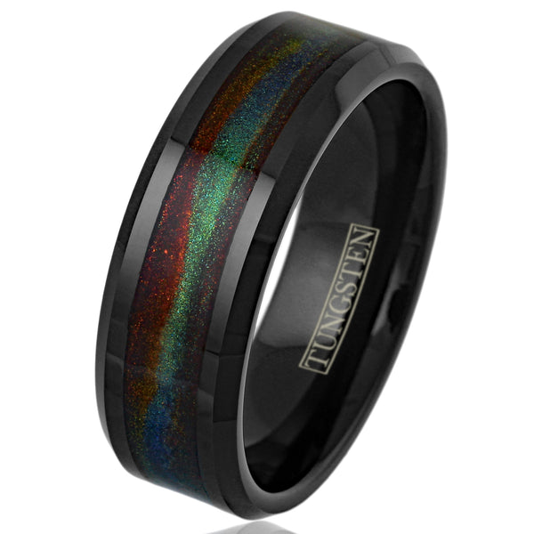 Mysterious Polished Black Tungsten Flat Band Ring with Dark Green And Red Flowing Sand Inlay.