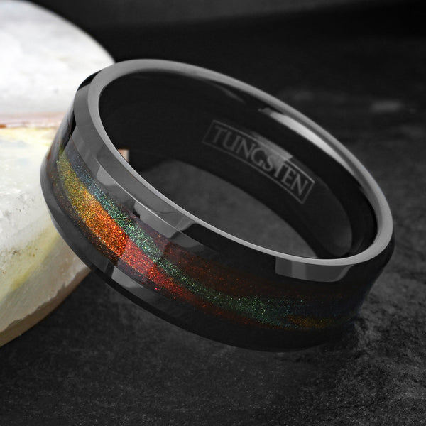 Mysterious Polished Black Tungsten Flat Band Ring with Dark Green And Red Flowing Sand Inlay.