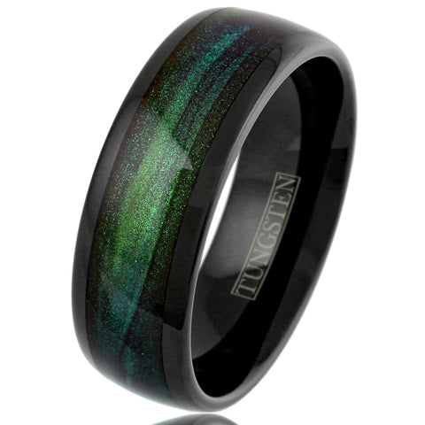 Sublime Polished Black Tungsten Low Dome Band Ring with Dark Emerald Green Flowing Sand Inlay.