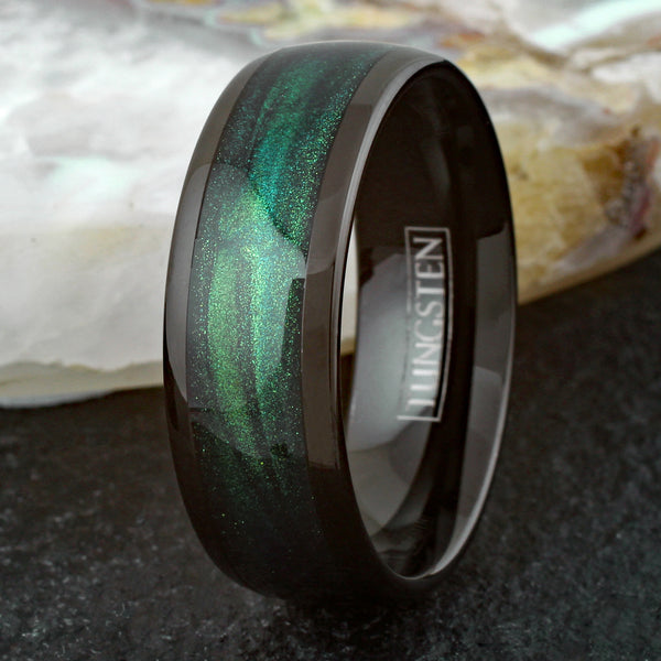 Sublime Polished Black Tungsten Low Dome Band Ring with Dark Emerald Green Flowing Sand Inlay.
