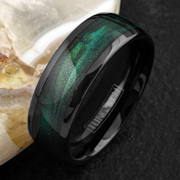 Sublime Polished Black Tungsten Low Dome Band Ring with Dark Emerald Green Flowing Sand Inlay.