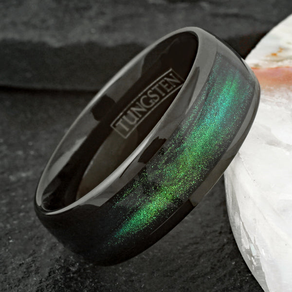 Sublime Polished Black Tungsten Low Dome Band Ring with Dark Emerald Green Flowing Sand Inlay.