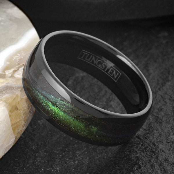 Sublime Polished Black Tungsten Low Dome Band Ring with Dark Emerald Green Flowing Sand Inlay.