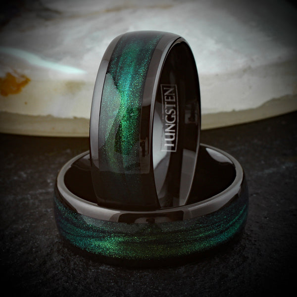 Sublime Polished Black Tungsten Low Dome Band Ring with Dark Emerald Green Flowing Sand Inlay.