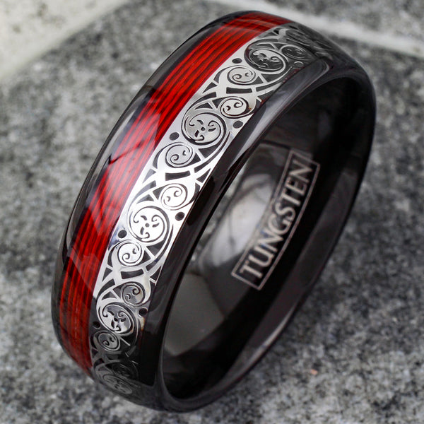 Spectacular Black Tungsten Low Dome Band Ring w/ Silver Wave Pattern Cutout and Red Wire Inlay.