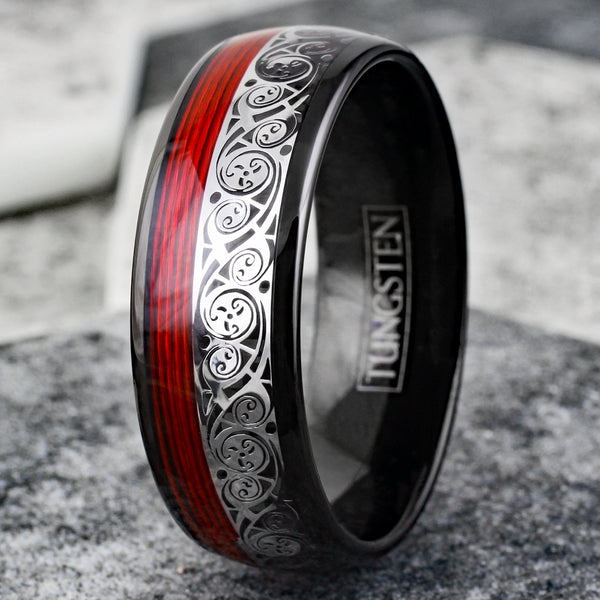 Spectacular Black Tungsten Low Dome Band Ring w/ Silver Wave Pattern Cutout and Red Wire Inlay.