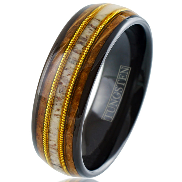 Beautiful Polished Black Tungsten Low Dome Ring with Deer Antler Inlay Between Two Cool Genuine Guitar Strings Surrounded By Whiskey Barrel Oak Wood Inlays.