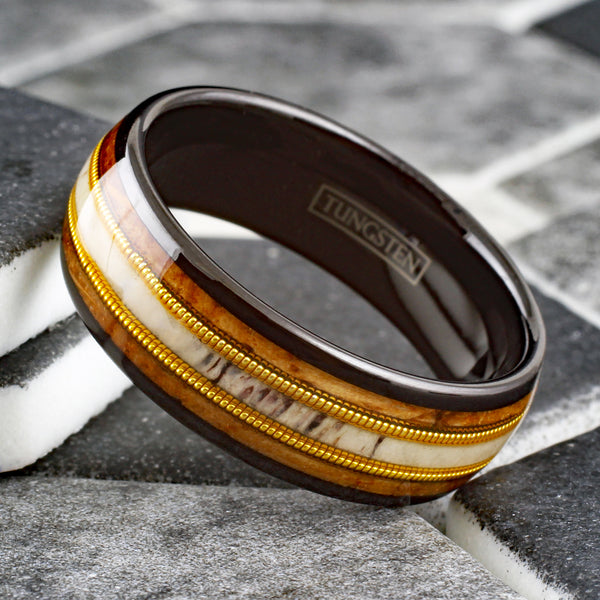 Beautiful Polished Black Tungsten Low Dome Ring with Deer Antler Inlay Between Two Cool Genuine Guitar Strings Surrounded By Whiskey Barrel Oak Wood Inlays.